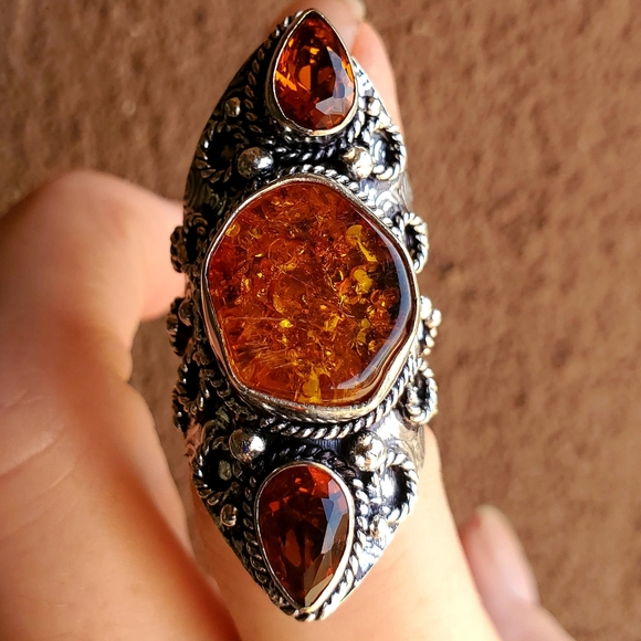 New Baltic Amber & Citrine 925 Silver Statement Ring. - Picture 4 of 13